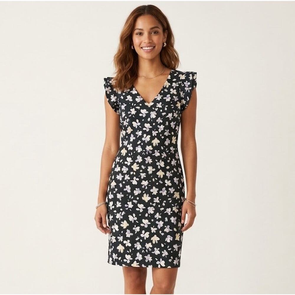Women’s Black Purple Dark Floral Dress Flutter Sleeves Romantic Cocktail Party